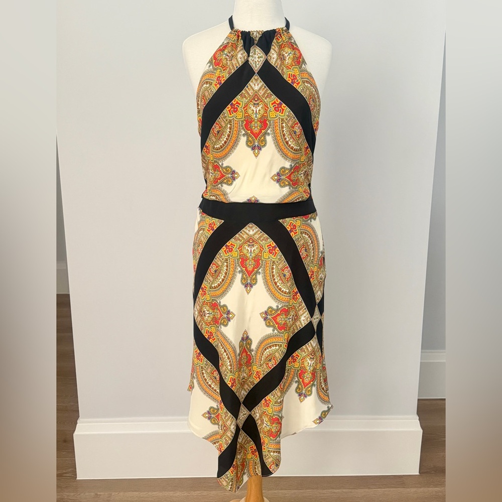 Kay Unger High Low Dress with Paisley and Black Accents